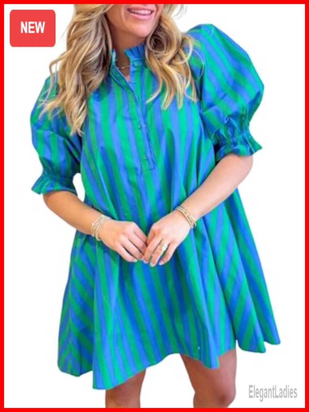 Womens Striped Babydoll Mini Dress Puff Sleeve V-Neck Casual Sundress